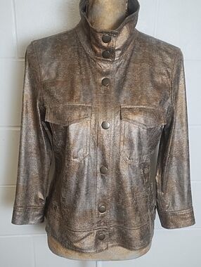 Jean Jacket Style 3/4 Sleeve Shacket Shirt Faux Leather Metallic Gold Silver 8